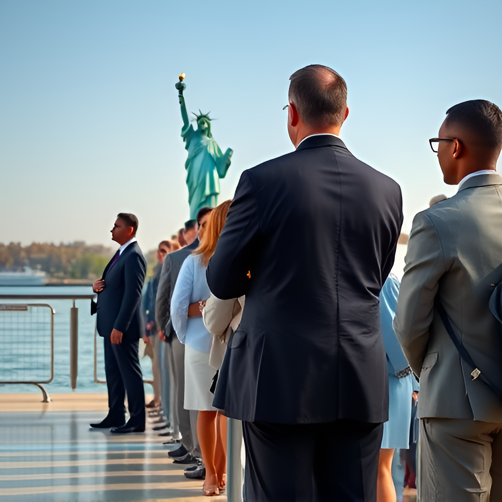 Long line of immigrants waiting to enter the United States with the Statue of Liberty on Ellis Island in the background