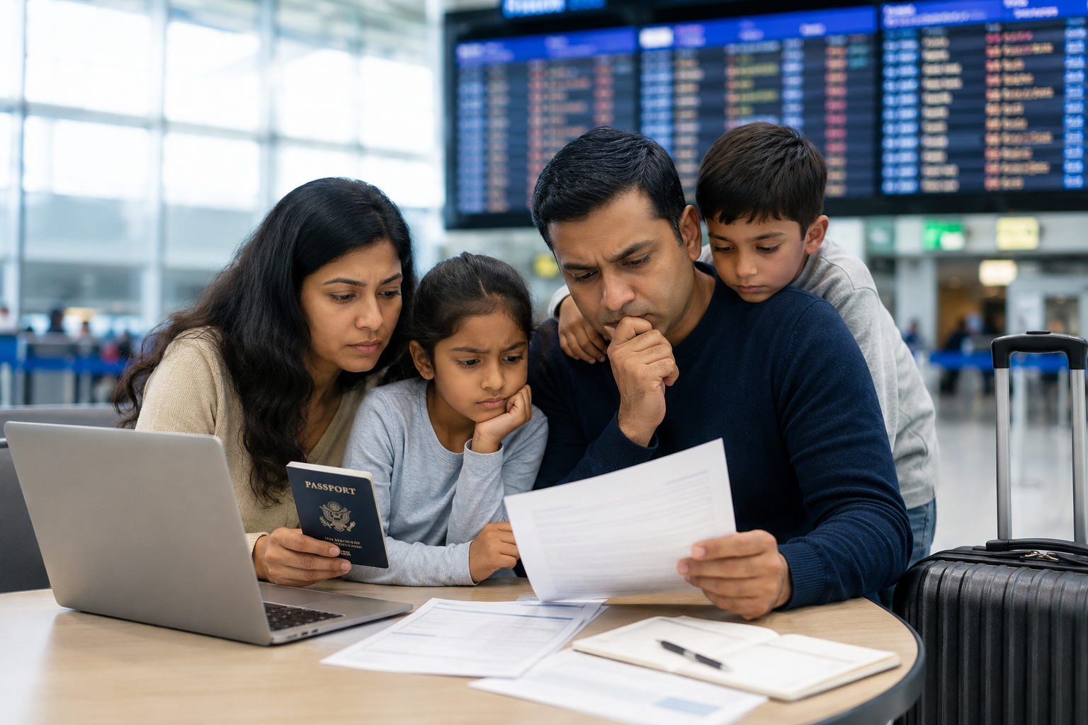 Family at an airport reviewing passports and travel documents, illustrating consular processing risks, travel costs, and family separation