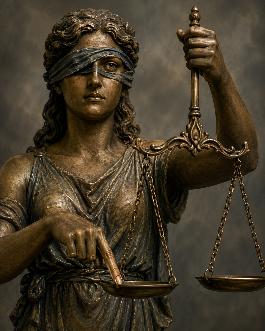 Lady Justice peaking through the blindfold and using one finger to tip the scales of justice.