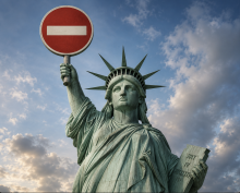 Statue of Liberty with the international no entry sign
