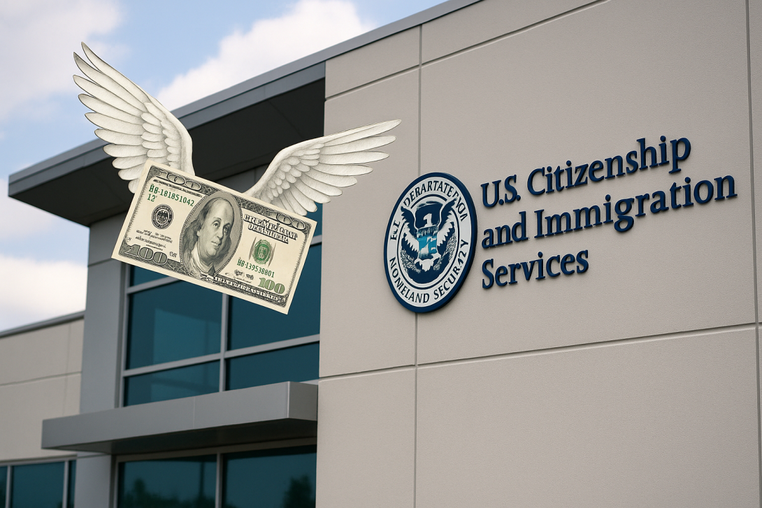Illustration of a $100 bill with wings flying away from a USCIS building, symbolizing rising U.S. immigration application fees taken from USCIS to Treasury Department