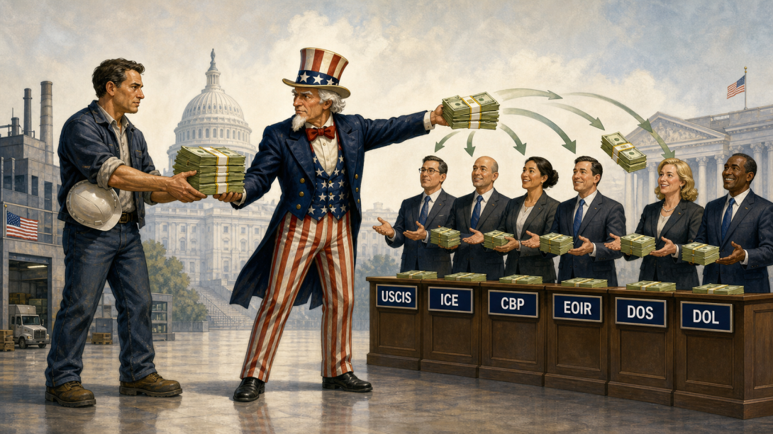 A hardworking company representative gives money to Uncle Sam, who distributes it among bureaucrats labeled USCIS, ICE, CBP, EOIR, DOS and DOL.